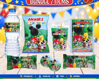 Clubhaus Mickey Mouse 7 Gastgeschenke, Wasserflasche, Chip, Schokoriegel, Saftetiketten, Bevorzugungstaschen und mehr !! IN CANVA BEARBEITBAR