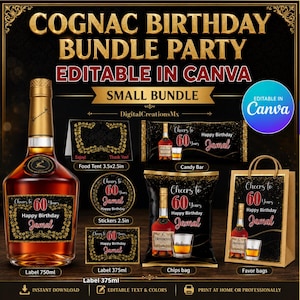 Cognac Party Birthday favors: chip, candy bar, favor bags and more. Edit yourself in CANVA.