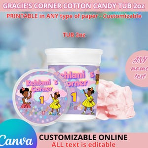 Birthday Gracies Cotton candy 2oz and lid. Editable in CANVA