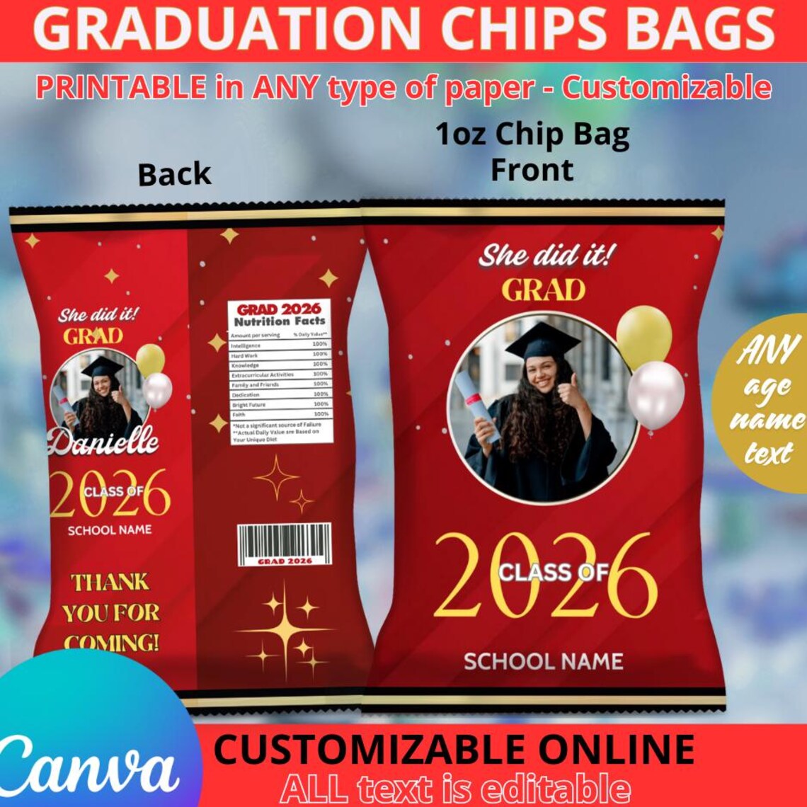 Graduation Red Chips Bags Label. Editable in CANVA DIGITAL. Edit ...