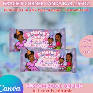 Birthday Gracies Candy bar templete. EDITABLE IN CANVA