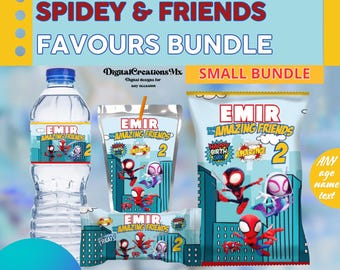 Spidey and His Amazing Friends 4 Party Labels, water bottle, chip, Rice K and juice labels. Edit yourself in CANVA.
