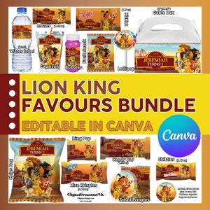 Lion King Birthday 15 Party Pack, bag chips, water, printable wrapper, editable favors and more. Edit yourself in CANVA.