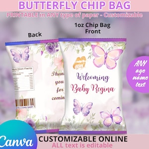Schmetterling Dusche oder Geburtstag Chip Beutel Vorlage. Die personalisierte Party (jedes Alters) Canva Template. SOFORTIGER DIGITALER DOWNLOAD