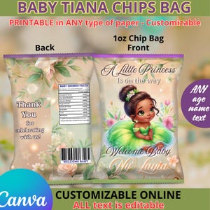 May include: Printable 1 ounce chip bag template featuring a cartoon illustration of a little girl in a green dress with a crown. The text "A Little Princess Is on the Way" is at the top of the bag. The text "Welcome Baby Ny Layia" is at the bottom of the bag. The back of the bag has the text "Thank You for celebrating with us!" and a list of baby shower facts.