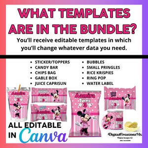 May include: A set of printable party favour templates featuring a pink and white Minnie Mouse design. The templates include labels for candy bars, crisps bags, gable boxes, juice boxes, ring pops, small Pringles, rice Krispies, and water bottles. The text "Aamira Turns 3" is included on each template. The text "All Editable in Canva" is also included.