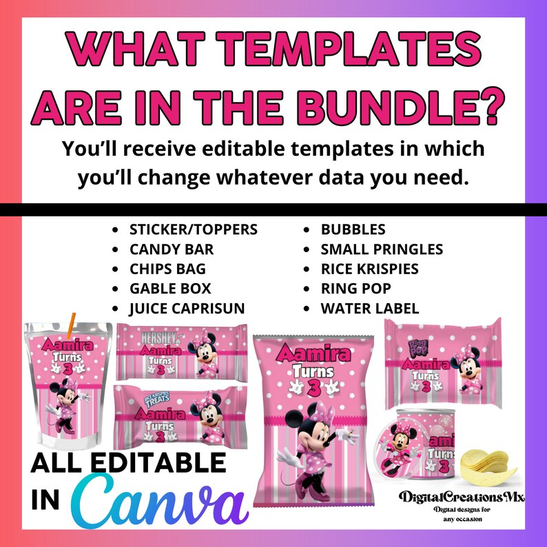 May include: A set of printable party favour templates featuring a pink and white Minnie Mouse design. The templates include labels for candy bars, crisps bags, gable boxes, juice boxes, ring pops, small Pringles, rice Krispies, and water bottles. The text "Aamira Turns 3" is included on each template. The text "All Editable in Canva" is also included.