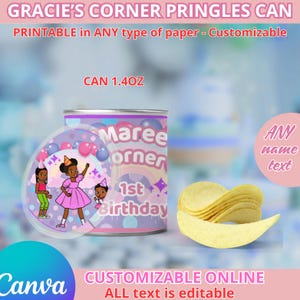 Birthday Gracies Pringles small can and lid. Editable in CANVA