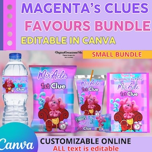 Magenta blues clues 5 Party Favors: water bottle, chips bags, rice krispies, juice labels and favor bags. Edit yourself in CANVA.