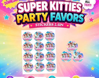 Plantilla de pegatinas de cumpleaños de Super Kitties de 2,5 pulgadas, edítala tú mismo en CANVA.