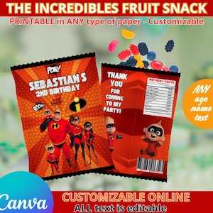 Plantilla de Snack de Frutas de Los Increíbles. Editable en CANVA.