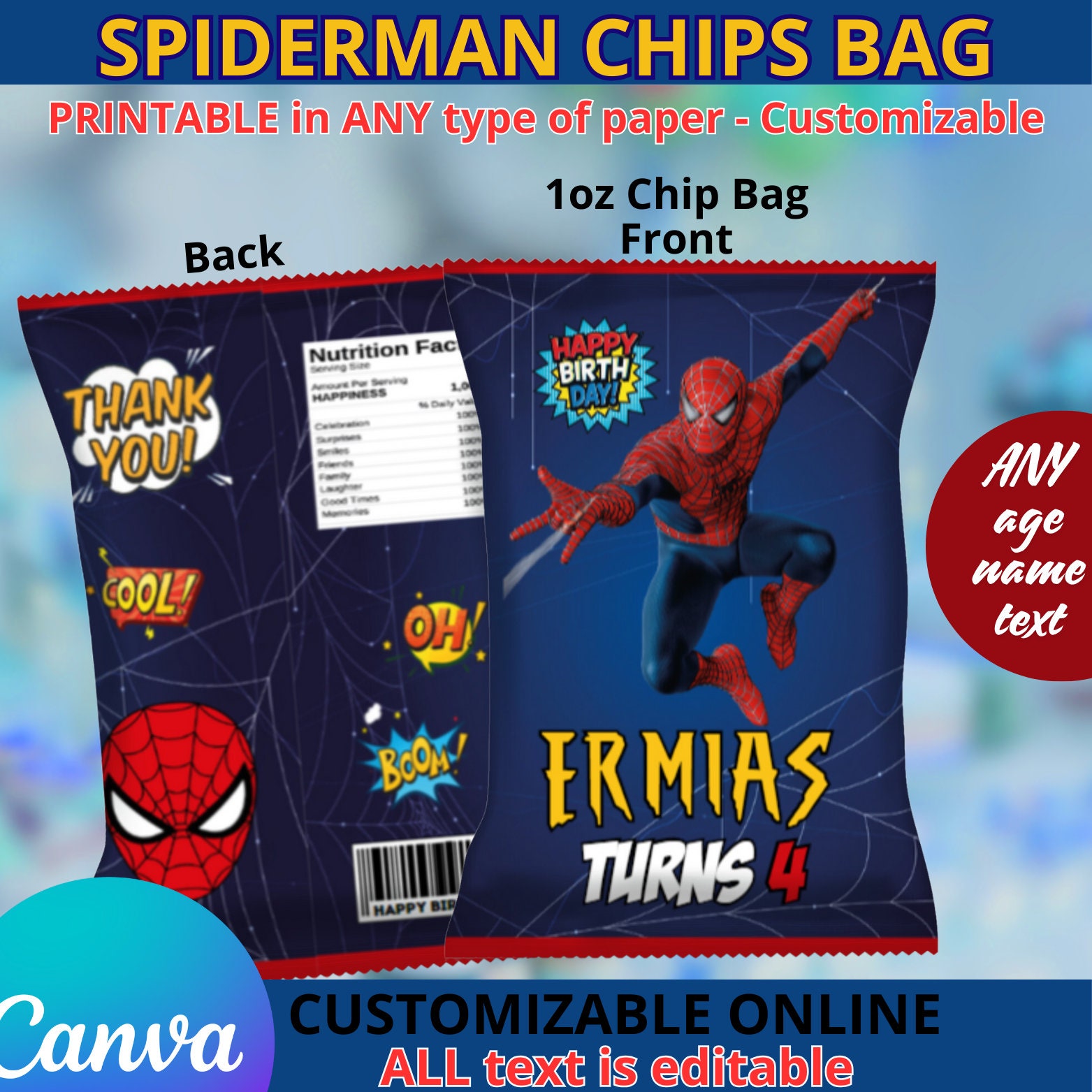 Bolsas de papas fritas de Spiderman. EDITABLES EN CANVA