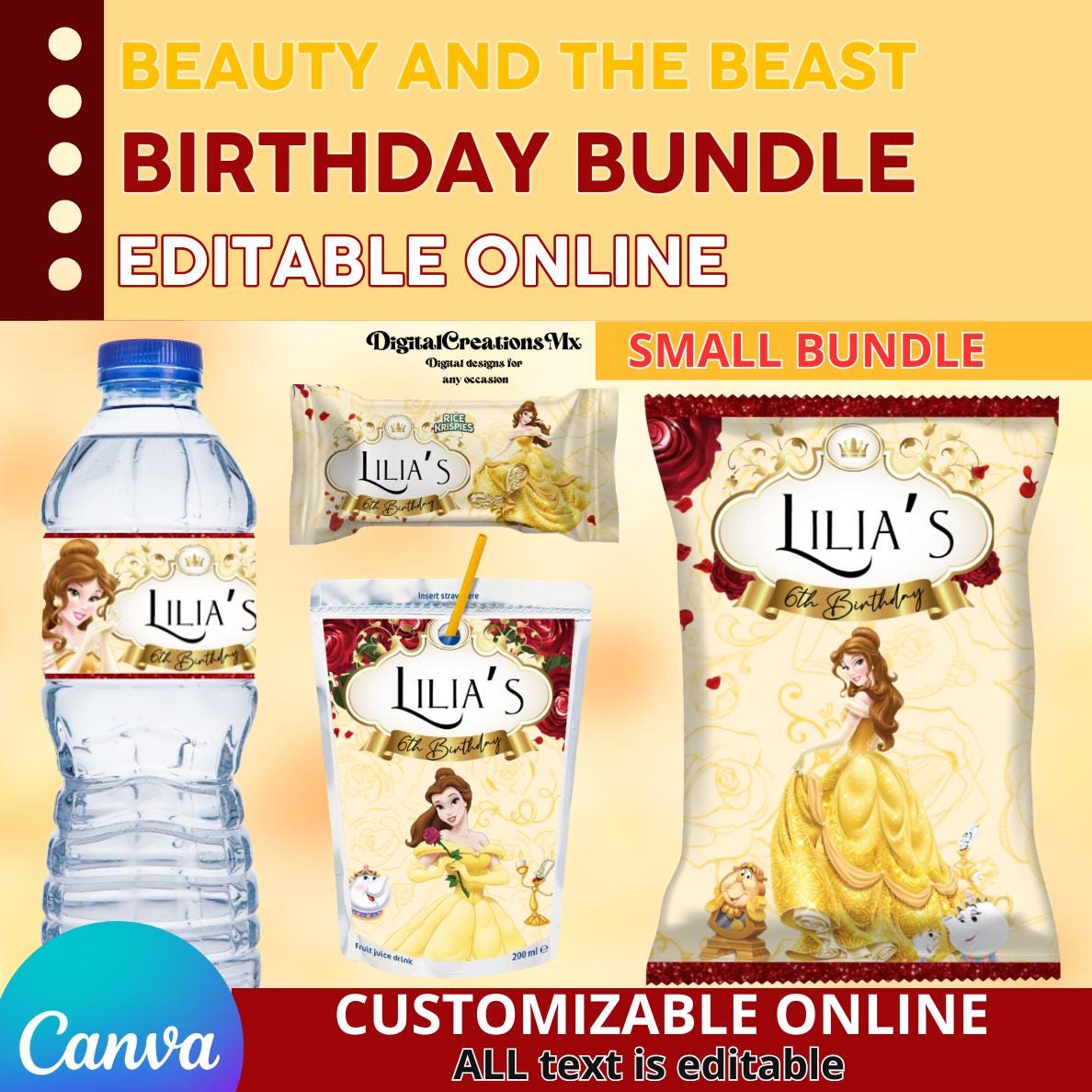 Beauty and the Beast 4 Party Favors, Water Bottle, Chip, Juice Labels ...