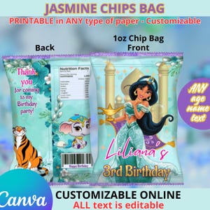 Jasmine Princess Chips bags templete. Editable in CANVA