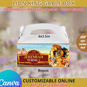Op de afbeelding: Witte gable box met een handvat, met een Lion King thema. De doos is gelabeld "Lion King Gable Box" en "Printable in Any Type of Paper - Customizable." Het meet 15,2 x 8,9 cm en bevat de tekst "Our Little King Jeremiah Turns 3."