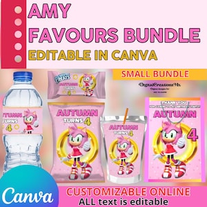 Sonic Amy Rose 5 Party Favors, water bottle, chip, rice krispies, juice labels and favor bags. Edit yourself in CANVA.