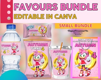 Sonic Amy Rose 5 Party Favors, water bottle, chip, rice krispies, juice labels and favor bags. Edit yourself in CANVA.