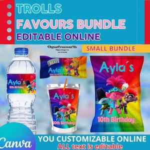 Trolls 4 Party Pack, water bottle, chip, rice krispies  and juice labels. Edit yourself in CANVA.