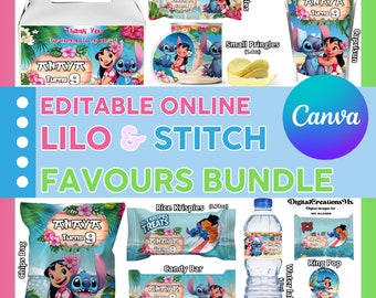 Lilo & Stitch 10 Party Favors, water bottle, chip, candy bars, juice labels,  and more. DIGITAL