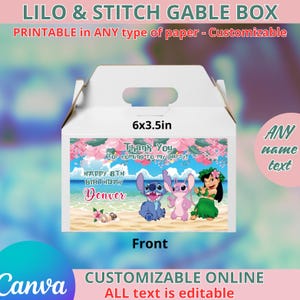 May include: Printable gable box featuring Lilo and Stitch characters. The box is 6x3.5 inches and has a pink and blue design with the text "Thank You for coming to my party!" and "Happy 8th Birthday Denver".
