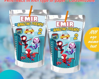 Spidey and His Amazing Friends Juice labels. Editable in CANVA
