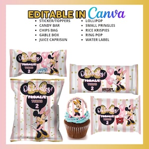 Puede incluir: Etiquetas de favor de fiesta imprimibles con un fondo a rayas rosa y dorado con una imagen de dibujos animados de Minnie Mouse. Las etiquetas dicen "Oh Toodles! Promise Turns 2" e incluyen una variedad de golosinas como Rice Krispies, barras de caramelo y piruletas.