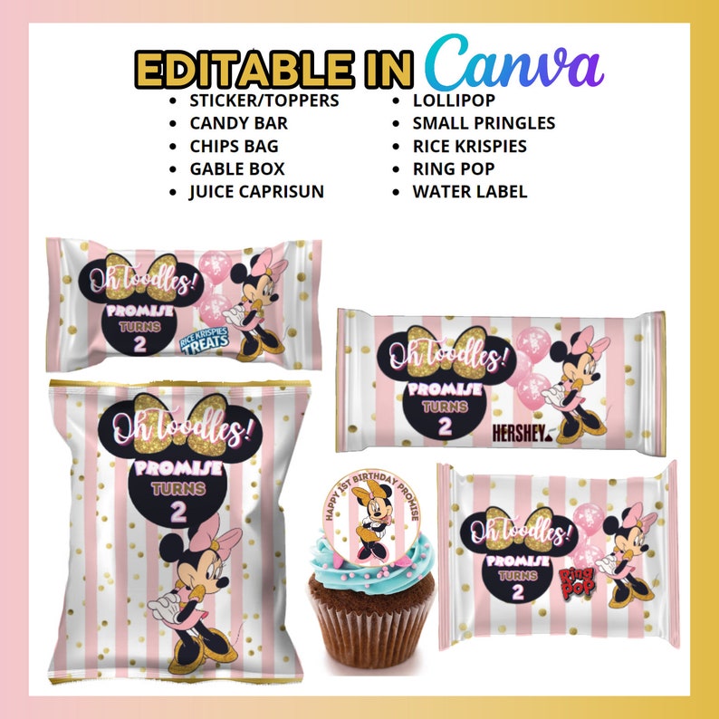 Puede incluir: Etiquetas de favor de fiesta imprimibles con un fondo a rayas rosa y dorado con una imagen de dibujos animados de Minnie Mouse. Las etiquetas dicen "Oh Toodles! Promise Turns 2" e incluyen una variedad de golosinas como Rice Krispies, barras de caramelo y piruletas.