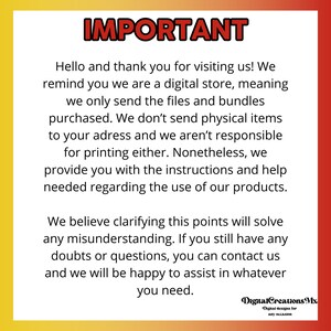 May include: A yellow and orange background with a red text box that says "IMPORTANT". The text box contains a message explaining that the shop is a digital store and only sends digital files, not physical items. The message also states that the shop provides instructions and help for using the products. The text box is followed by a smaller text box with the shop's name and tagline: "Digital Creations Mx. Digital designs for any occasion."