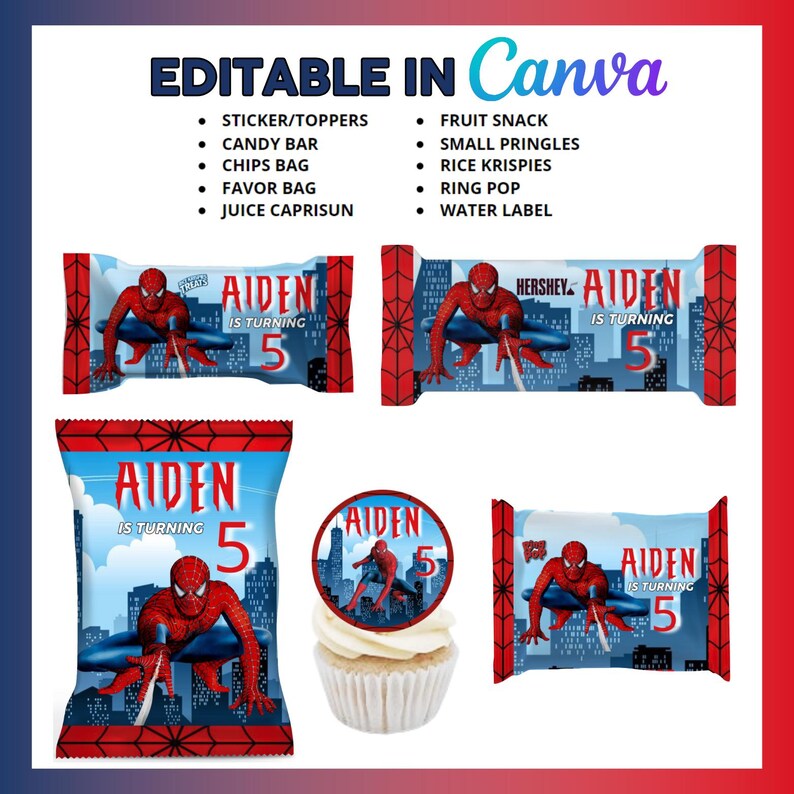 May include: Printable party favor bag designs featuring Spiderman. The bags are blue and red with a white web design. The text on the bags reads "Aiden is turning 5".