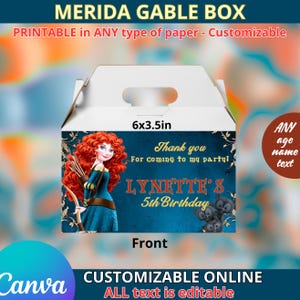 以下が含まれることがあります： メリダをテーマにした白いゲーブルボックス。弓矢を持ったメリダの漫画イラストが特徴です。ボックスのサイズは15.2x8.9cmで、「ご参加ありがとうございます！」と「リネットの5歳の誕生日」というテキストが入っています。