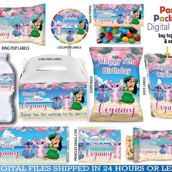 Lilo and Stitch Party Favors, water bottle, chip, candy bars, juice labels, thank you tags, and more. DIGITAL