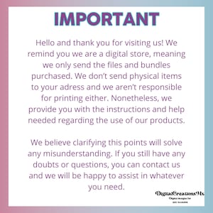 Puede incluir: Un gr&aacute;fico de texto morado y blanco con la palabra "IMPORTANTE" en letras grandes y en negrita. El texto explica que la tienda es una tienda digital y solo env&iacute;a archivos digitales, no art&iacute;culos f&iacute;sicos. Tambi&eacute;n indica que la tienda no es responsable de la impresi&oacute;n de los archivos. El texto termina con un mensaje que indica que la tienda est&aacute; encantada de ayudar con cualquier pregunta.