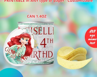 Princess Ariel the Little Mermaid pringles small can templete. Editable in CANVA