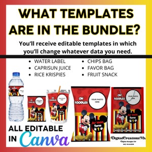 Puede incluir: Plantillas imprimibles de fiesta de cumplea&ntilde;os de Mickey Mouse para etiquetas de botellas de agua, cajas de jugo, bolsas de papas fritas, bolsas de regalo y bolsas de bocadillos de frutas. Todas las plantillas son editables en Canva.