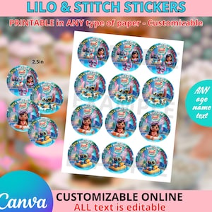 Lilo & Stitch Pool party - Stickers 2.5in Template, EDIT Yourself in CANVA