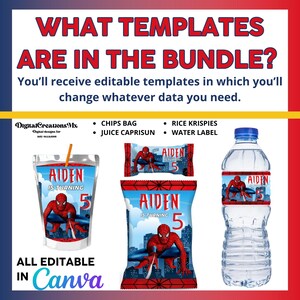May include: Editable templates for a birthday party with a Spiderman theme. The templates include a juice box, a bag of chips, a box of Rice Krispies, and a water bottle label. The templates are all customizable and can be edited in Canva.