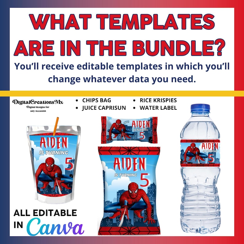 May include: Editable templates for a birthday party with a Spiderman theme. The templates include a juice box, a bag of chips, a box of Rice Krispies, and a water bottle label. The templates are all customizable and can be edited in Canva.