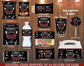 Rock Star Birthday party Favors, water bottle, chip, candy bars, juice labels, bags and more. DIGITAL