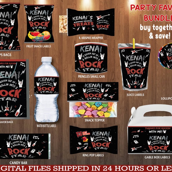 Rock Star Birthday party Favors, water bottle, chip, candy bars, juice labels, bags and more. DIGITAL
