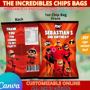 Plantilla de bolsas de papas fritas de Los Increíbles. Editable en CANVA