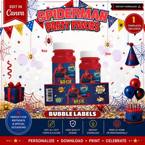Peut inclure: Un modèle numérique pour des cadeaux de fête Spiderman comprenant deux bouteilles à bulles rouges avec des bouchons blancs, étiquetées 4oz et 2oz, et une bande d'étiquette rectangulaire. Le design inclut des graphiques Spiderman, le texte Nasir, Happy Birthday et Thank You.
