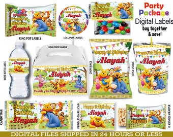 Paquete de fiesta de cumpleaños de Winnie Pooh, botella de agua, chip, barras de chocolate, etiquetas de jugo, etiquetas de agradecimiento, actividades, bolsas. Cumpleaños o ducha. DIGITAL