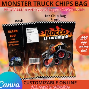 May include: Printable 1 ounce chip bag template featuring a monster truck with flames. The bag is customizable with text, including "Rocco is turning 6".