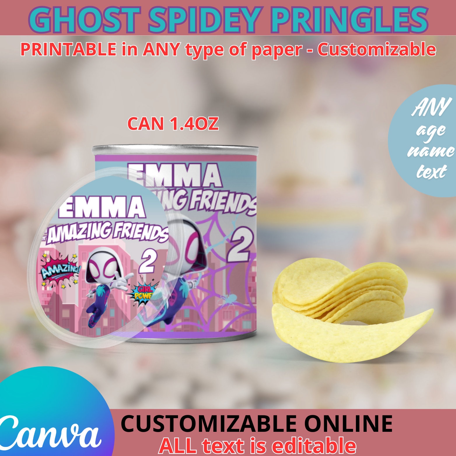 Ghost Spider Pringles small can. Editable in CANVA