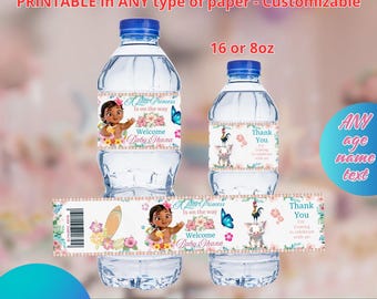 Moana Baby Shower or birthday Water label templete. Editable in CANVA