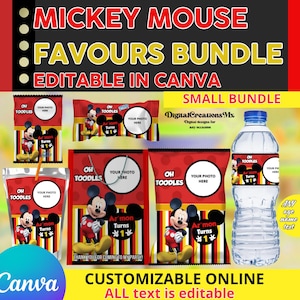 Labels for Mickey Mouse 6 Party Pack, water bottle, chip, rice krispies, juice labels, favor bags and fruit snack... DIGITAL ONLY