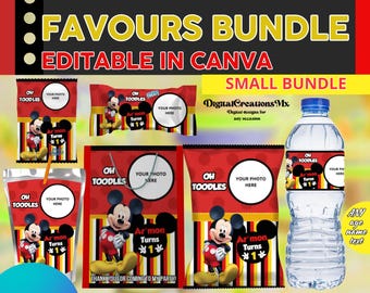 Labels for Mickey Mouse 6 Party Pack, water bottle, chip, rice krispies, juice labels, favor bags and fruit snack... DIGITAL ONLY