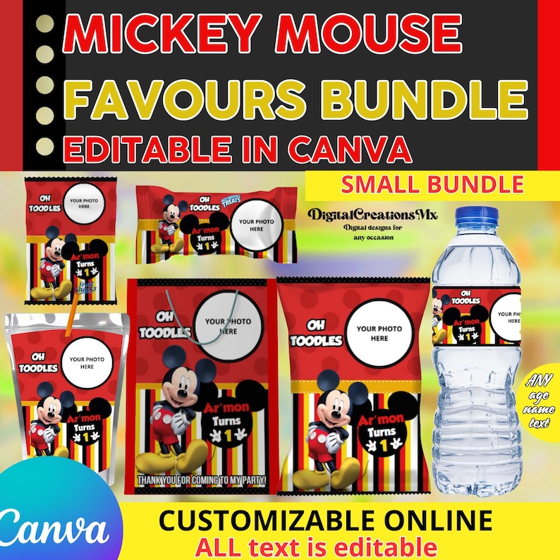 Puede incluir: Un paquete imprimible de favores de fiesta de Mickey Mouse, con un esquema de color rojo, amarillo y negro con ilustraciones de Mickey Mouse. El paquete incluye etiquetas para botellas de agua, bolsas de golosinas y cajas de jugo. El texto "Oh Toodles" y "Ar'mon Turns 1" est&aacute; incluido en las etiquetas. El texto "Editable in Canva" est&aacute; incluido en la imagen.