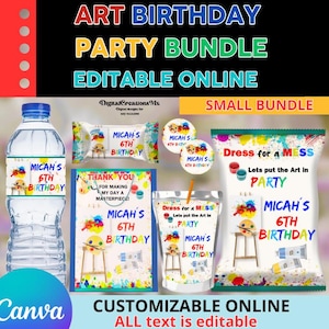 Art Party 6 bundle Favors, water, chip, rice, juice labels, bags and Stickers. Edit yourself in CANVA.