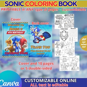 May include: A customizable Sonic the Hedgehog colouring book with a blue cover featuring Sonic and friends. The book includes a cover, back cover, and 10 pages with editable text. The text says "Welcome to Angel's 4th Birthday".